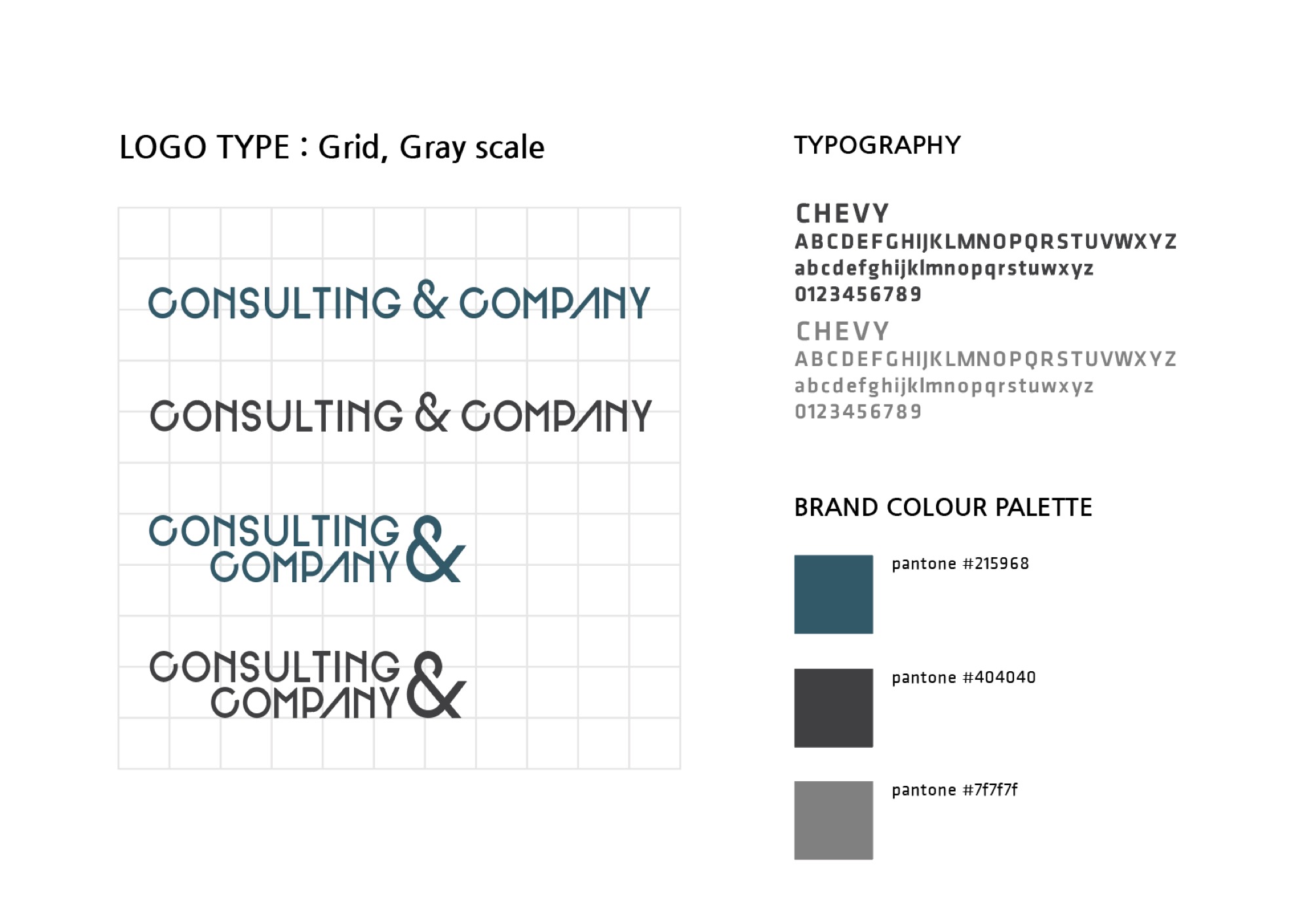 Consulting & Company 로고타입 가이드 — 그리드 위 CONSULTING & COMPANY 워드마크, CHEVY 타이포그래피, 브랜드 컬러 팔레트(#215968·#404040·#7f7f7f)