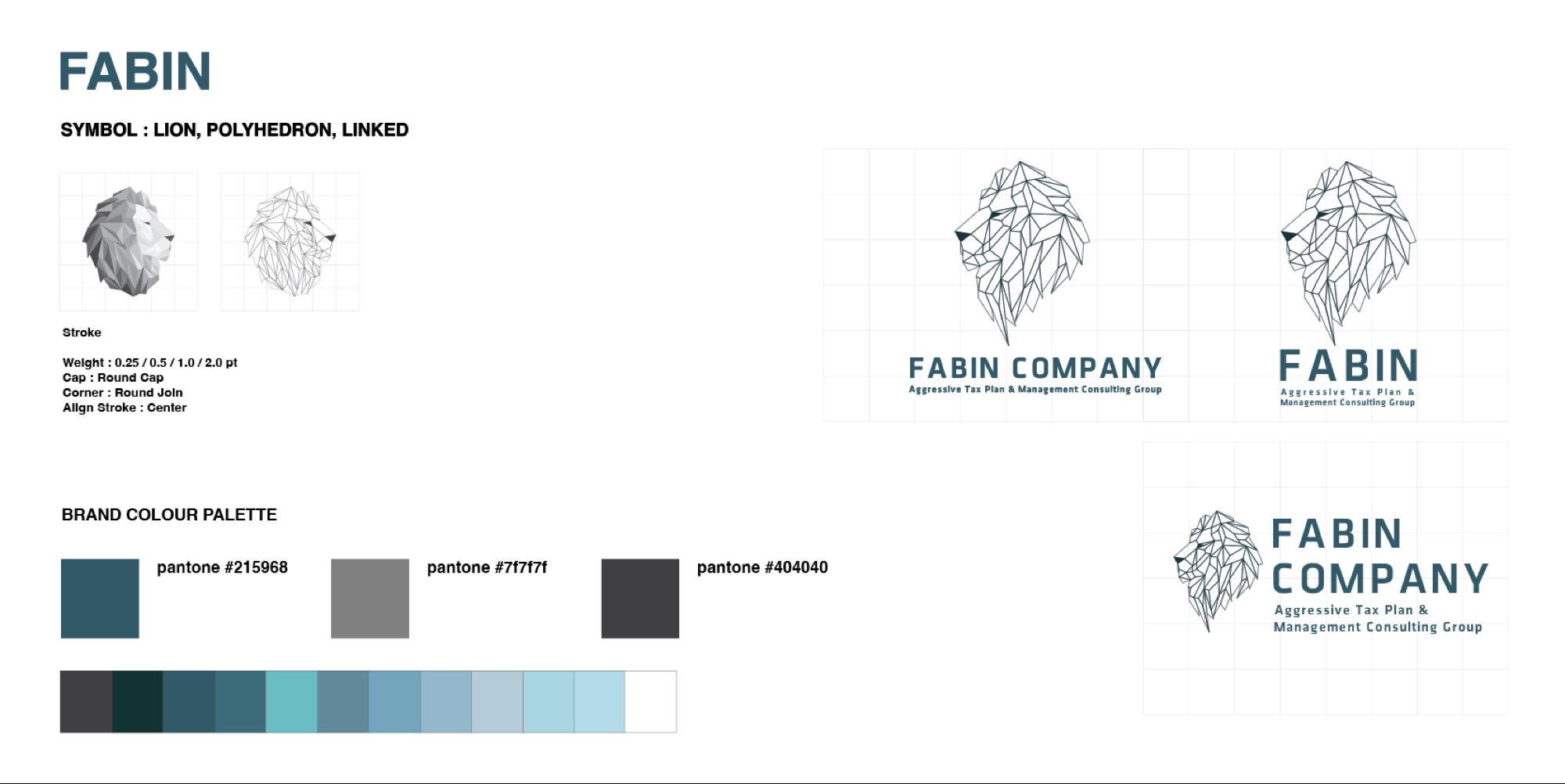 FABIN COMPANY 심볼 가이드 — 다면체 사자(LION·POLYHEDRON·LINKED) 구조와 스트로크 규정, 로고 조합, 딥 페트롤블루(#215968) 컬러 팔레트