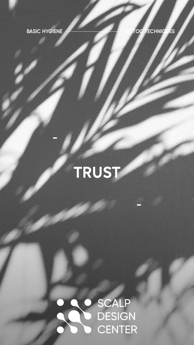 스칼프디자인센터 SNS 컨셉 비주얼 — 야자수 그림자 위 TRUST 타이포그래피